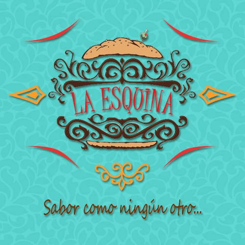 La Esquina Restaurant & Bar – fachada con letrero rojo y mesas al aire libre, mostrando una parrilla con camarones al ajillo