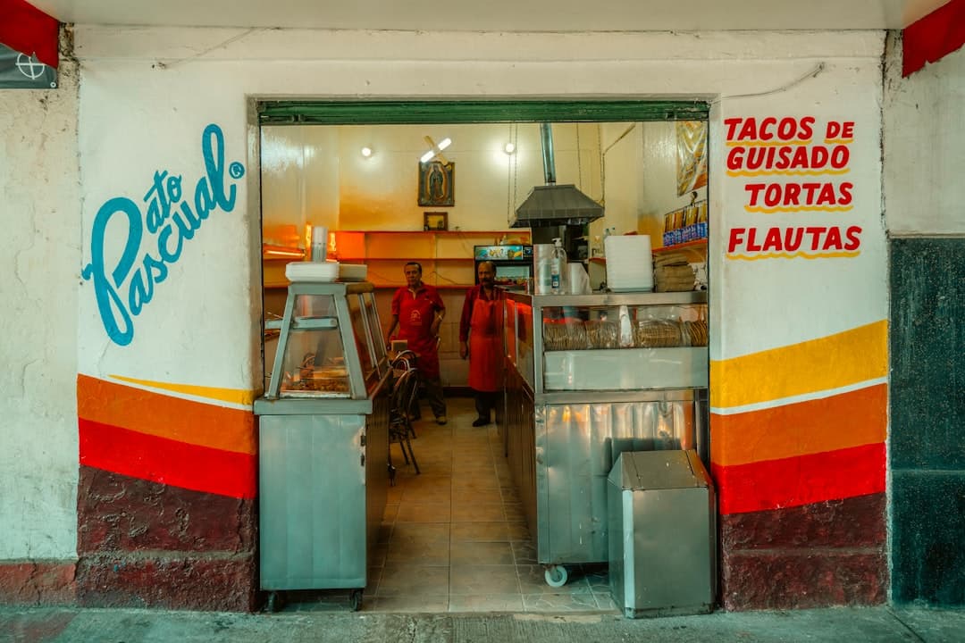 A colorful taco shop entrance.