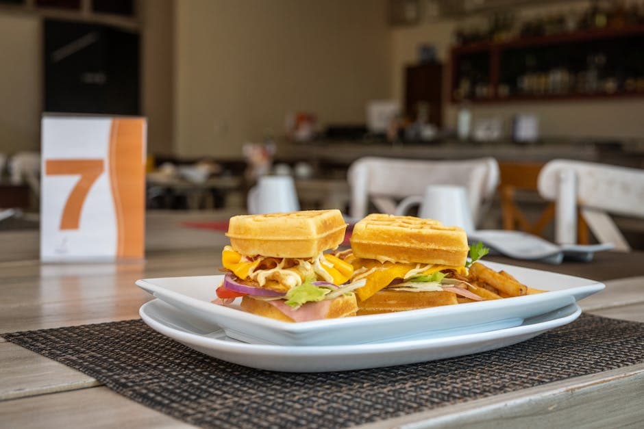 Tasty waffle sandwich served in a cozy Salamanca cafe.