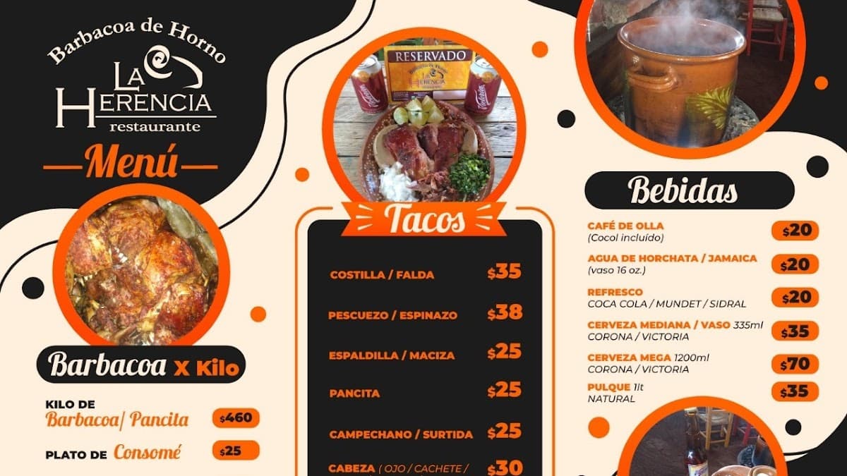 Fachada de La Herencia Barbacoa en Priv. Morelos 100 con parrilla humeante y tacos exhibidos