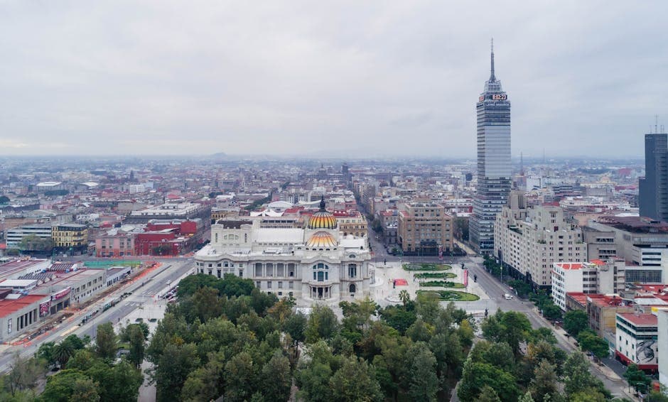 Stunning aerial view of Palacio de Bellas Artes with Torre Latinoamericana in Mexico City.