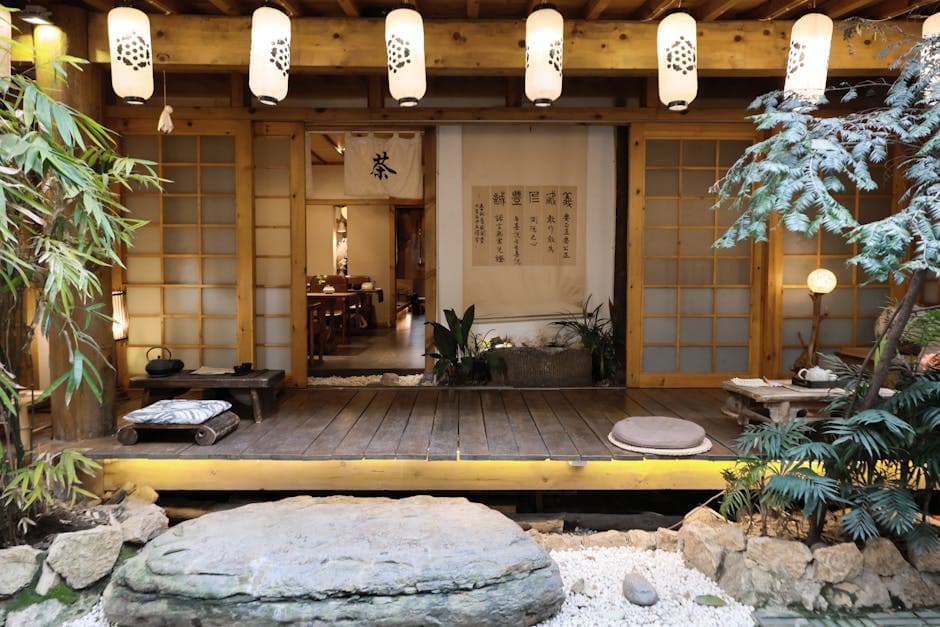 Serene Japanese tea room with lanterns and traditional decor, ideal for meditation and cultural appreciation.