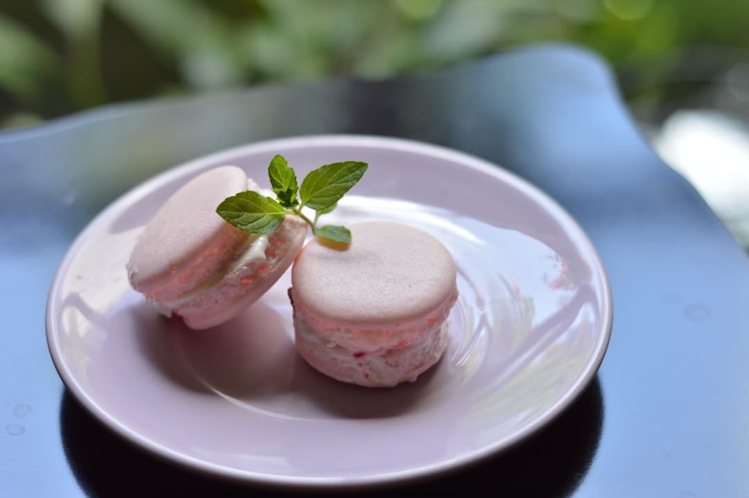 white round ceramic plate with white cream and green leaf