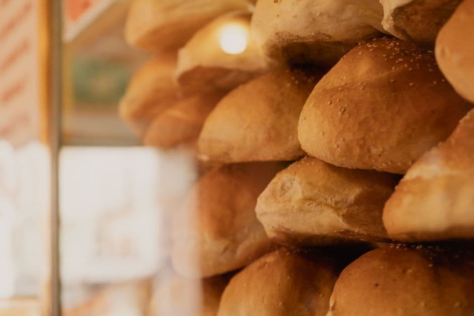 Close-up of fresh bread loaves displayed at a bakery in Puebla, Mexico.