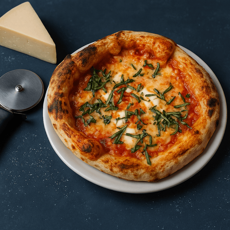 Exterior de Antica Roma con su fachada de ladrillos y una mesa al aire libre, mostrando una botella de vino y un plato de fettuccine