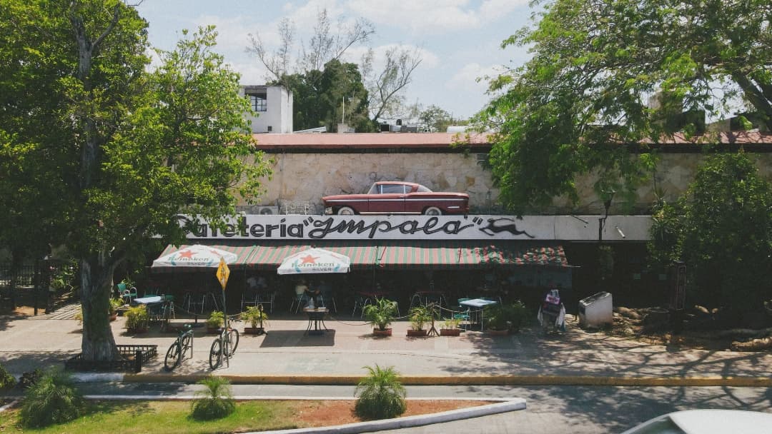 Fachada art déco de Cafetería Merida Impala en Paseo de Montejo, con su letrero retro y clientes entrando al amanecer