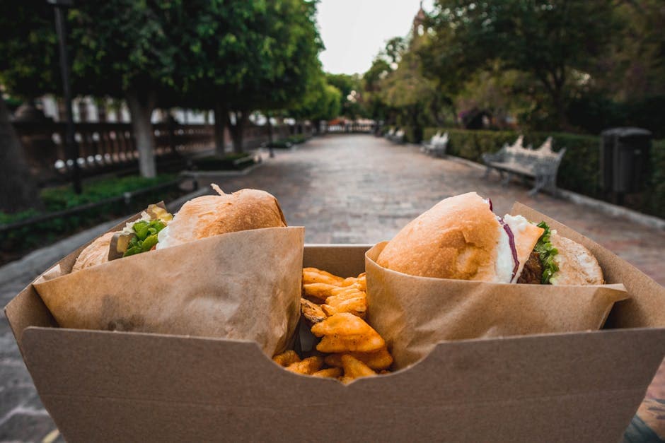 Close-up of delicious street food burgers and fries in a park setting, Aguascalientes.