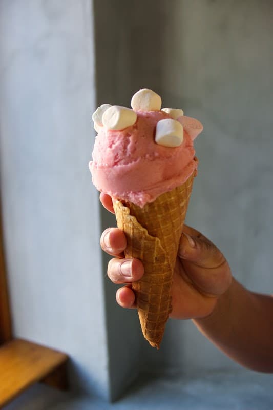 Frente colorido de Alice in Gelatoland con su letrero azul y clientes disfrutando helados bajo el sol
