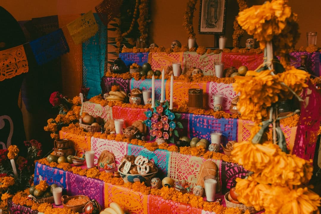 a display of skulls, candles, and decorations