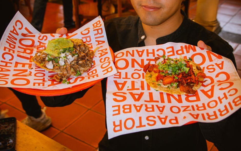 Two delicious tacos with vibrant garnishes in San Pedro Cholula, Puebla, showcasing Mexican street food culture.