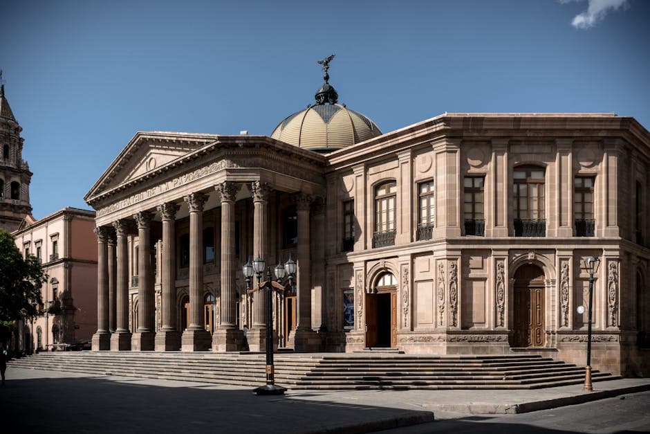 Exterior view of the historic Teatro de la Paz in San Luis Potosi, Mexico, showcasing its neoclassical architecture.