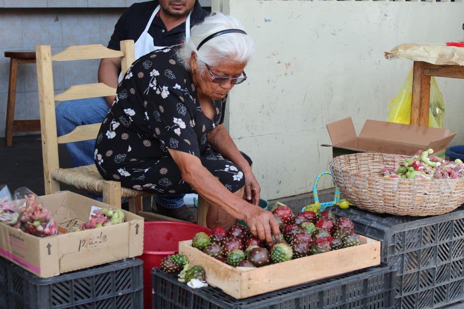 A senior woman selling fresh dragon fruits at a market stall in Sayula, Mexico.