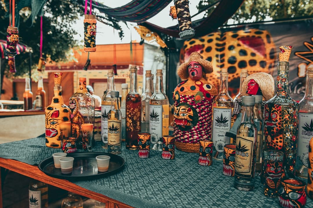a group of bottles on a table