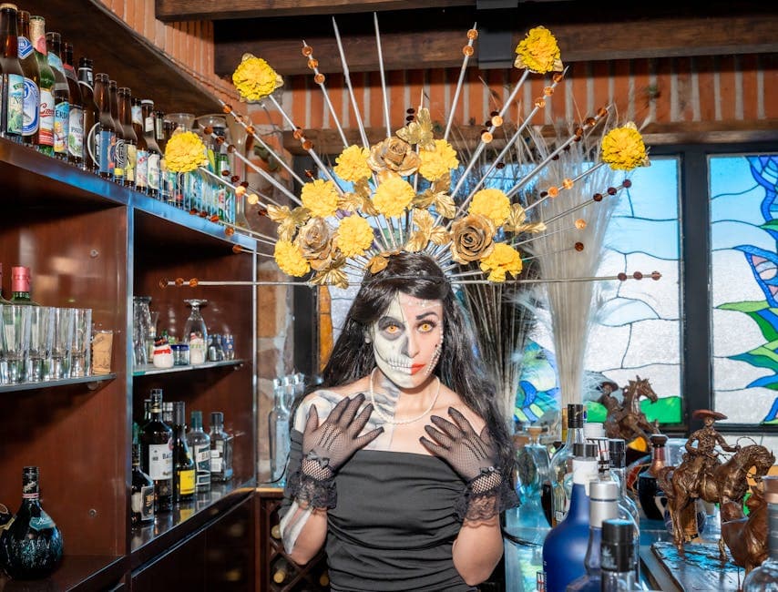 Colorful Día de los Muertos celebration with a Catrina in Ciudad de México bar setting.