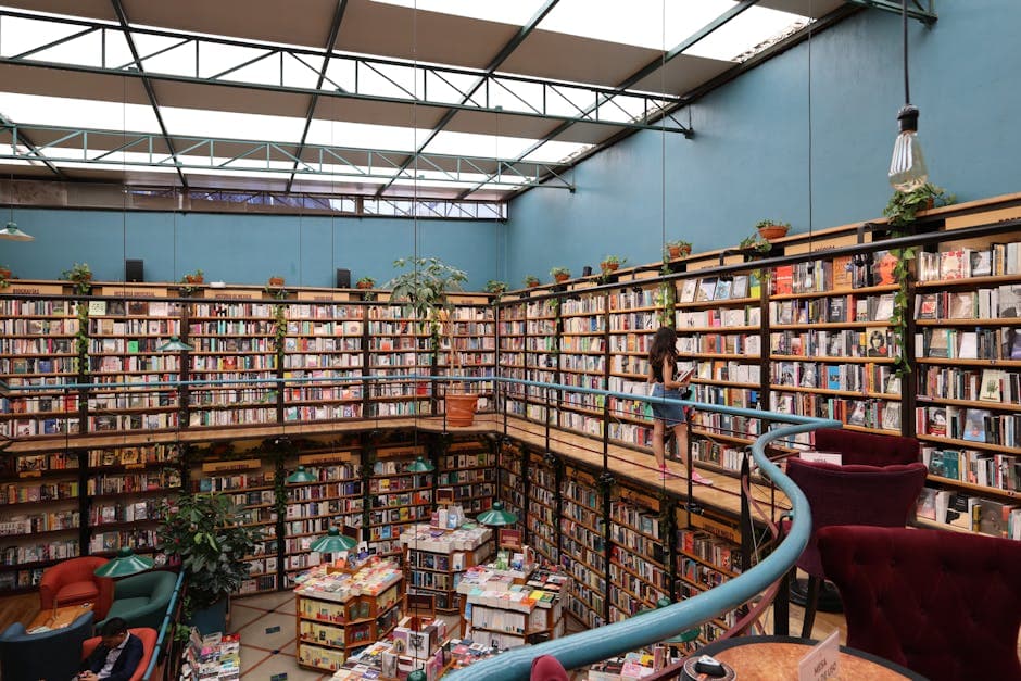A vibrant library in Mexico City with towering bookshelves and readers exploring.