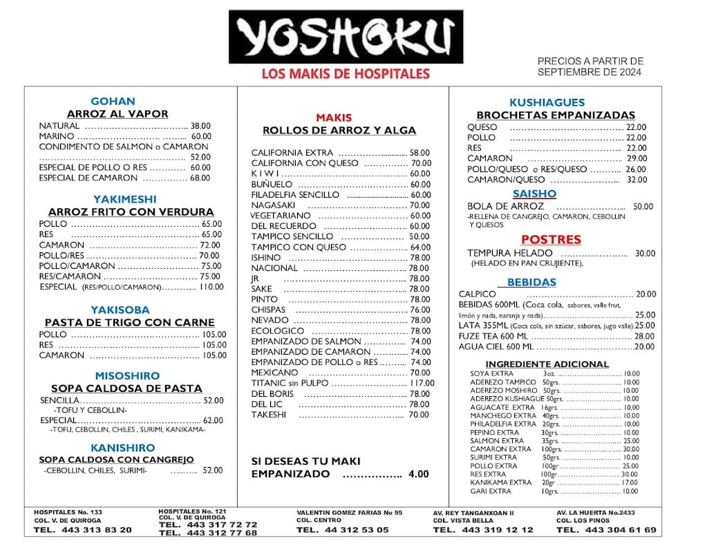 Mostrando el mostrador de sushi y la entrada de Yoshoku en Hospitales — vista amplia del local y platos de maki sobre la barra