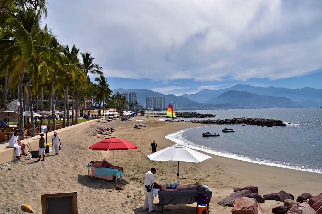Tropical beach with palm trees and distant mountains.