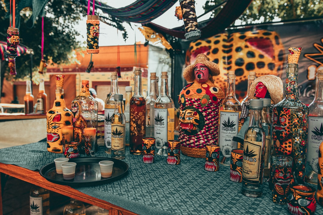 a group of bottles on a table