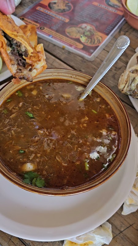 Tazón de birria con caldo, carne y tortillas en La Palapa de la Birria — primer plano del plato