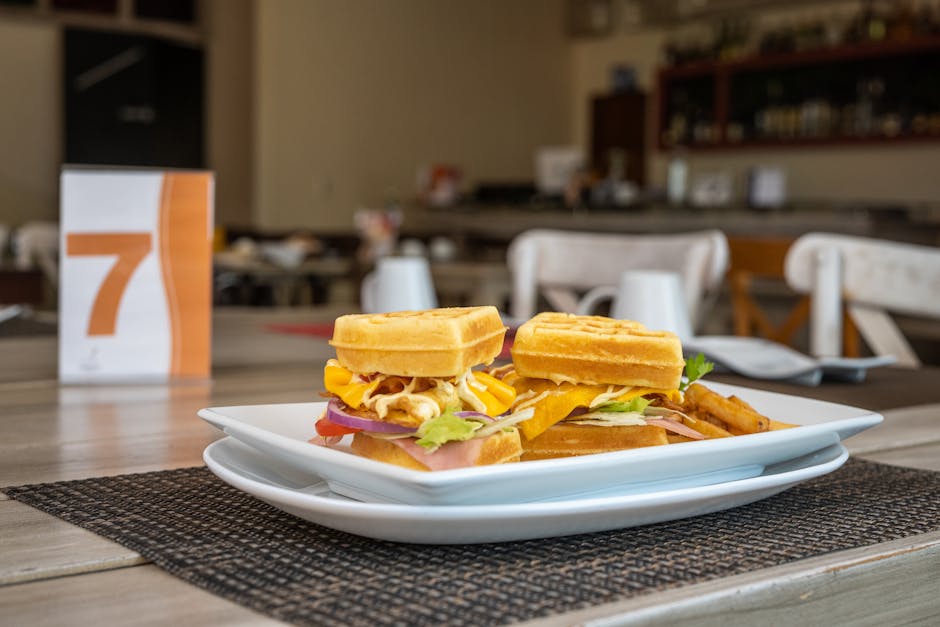 Tasty waffle sandwich served in a cozy Salamanca cafe.