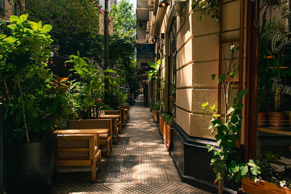 Cozy outdoor cafe seating along a leafy street in Buenos Aires.