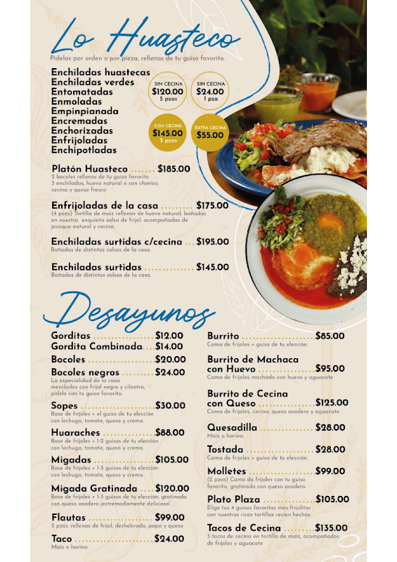 Artesano Fondita Huasteca – desayuno de enchiladas rojas y café en una mesa de la cocina, resaltando el mostrador de bocol