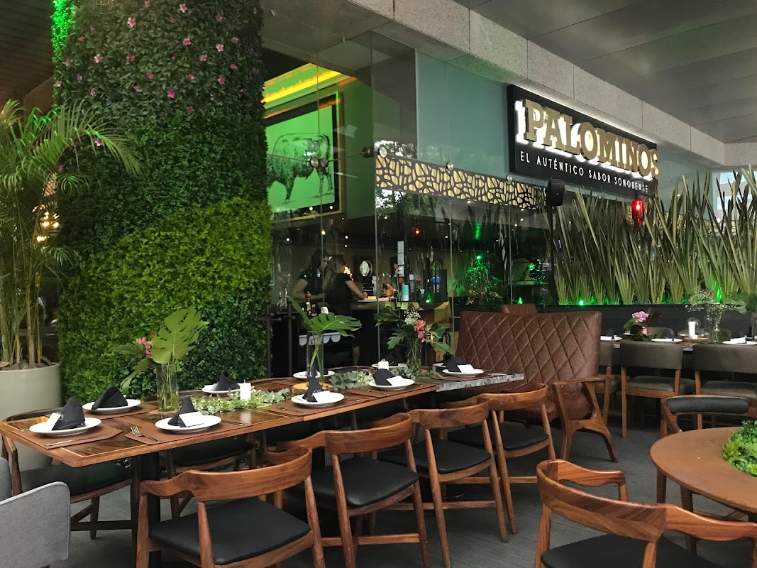 Terraza de Palominos con mesas bajo la pérgola, clientes disfrutando de sus platos y el ambiente al atardecer