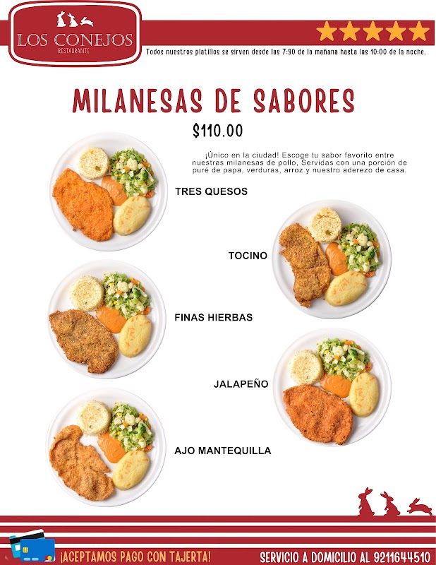 Los Conejos Plaza Acaya con su milanesa de pollo y una porción de arroz al lado, interior del local