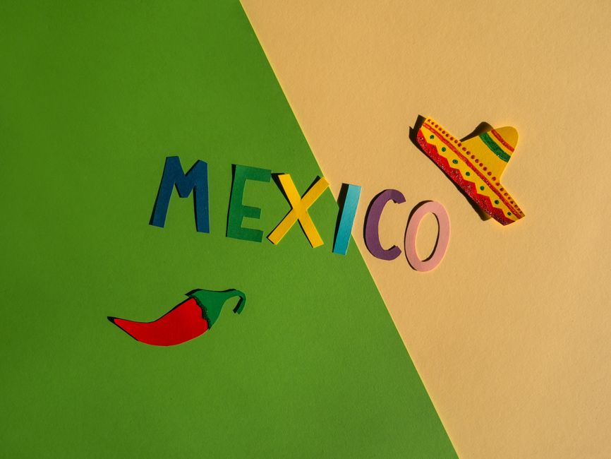 Colorful Mexican theme with a sombrero, pepper, and text on a vibrant background.