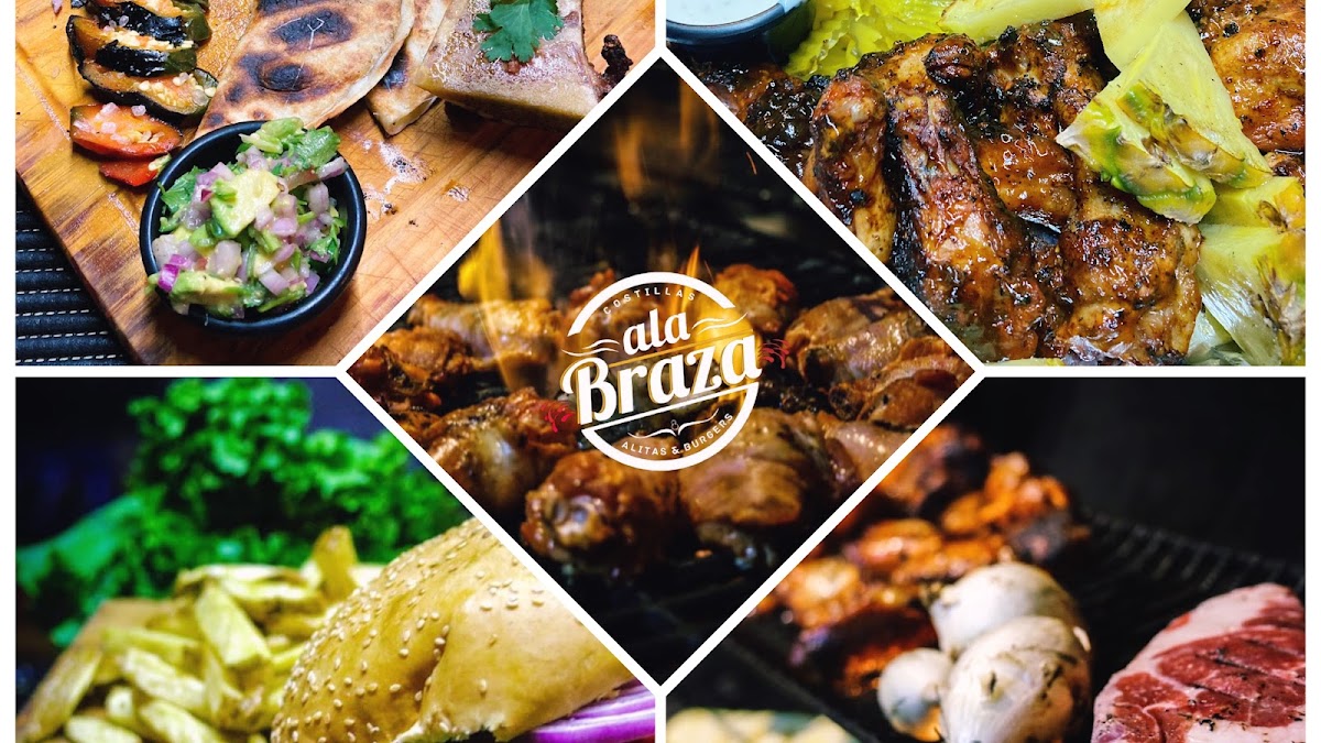 Ala Braza – smoky ribs and grilled pineapple on a platter, open grill in the background, evening lighting.