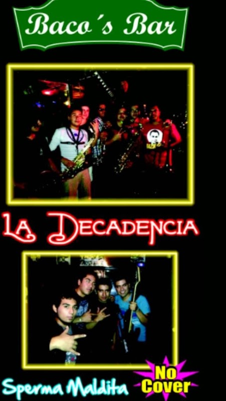 Bacos bar interior con escenario y banda de rock en vivo, luces de neón