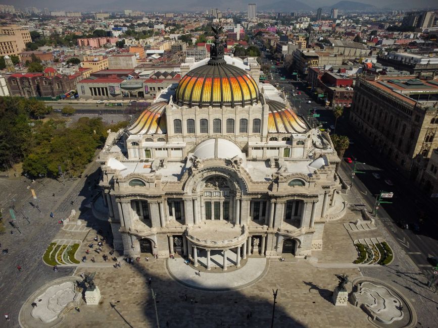 A breathtaking aerial shot of the iconic Palacio de Bellas Artes in Mexico City, showcasing its architecture.