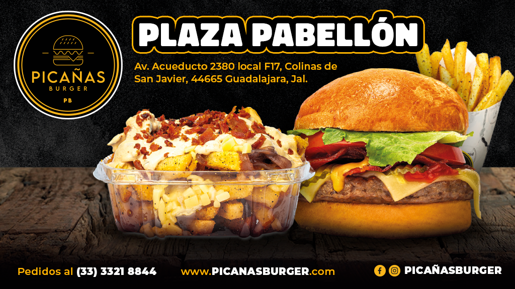 Vista del mostrador de PICAÑAS BURGER PLAZA PABELLON con su menú en pantalla y una hamburguesa artesanal con queso fundido