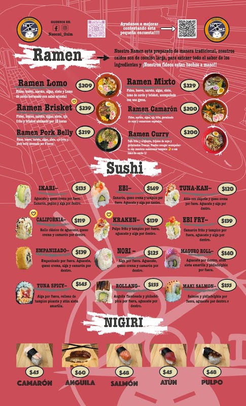 Mostrador de ramen y brochette en Nozomi, con tazones humeantes y detalle de té de jazmín