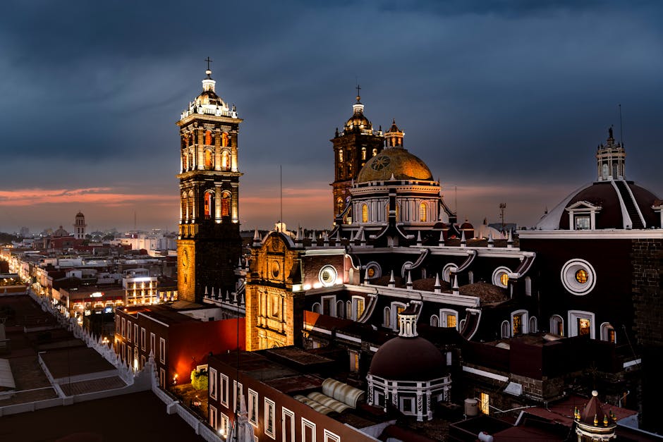 Stunning twilight shot of Puebla Cathedral in Heroica Puebla de Zaragoza, Mexico.