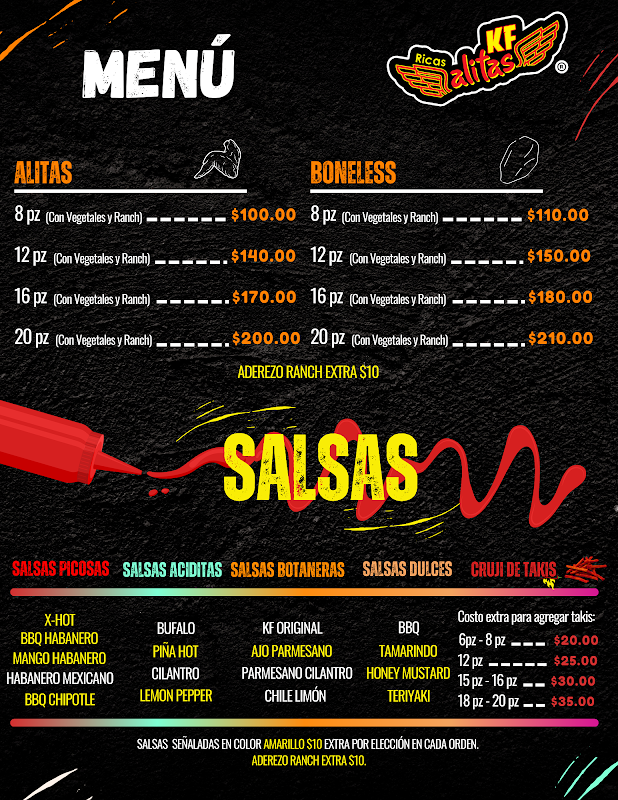 Alitas crujientes de KFAlitas Jardines del Río en plato de cerámica, con salsa picante visible