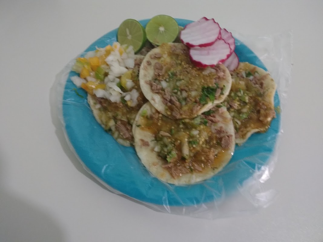 Plato de tacos de Tacos Peña con carne asada, cebolla y salsa verde, servido en una tortilla de maíz recién hecha