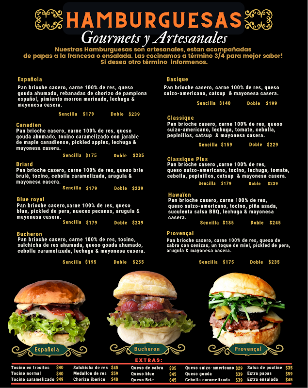 Interior of Abricotier Hamburguesas, open kitchen with chef at the grill and chalkboard menu