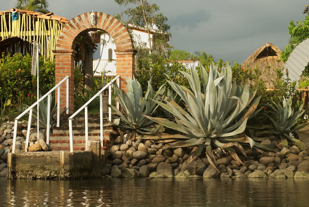 A brick archway with steps overlooks the water.