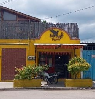 Vista exterior de Sal y Fuego Pizzería en Prol. de la Noria, con su fachada iluminada y la terraza con plantas