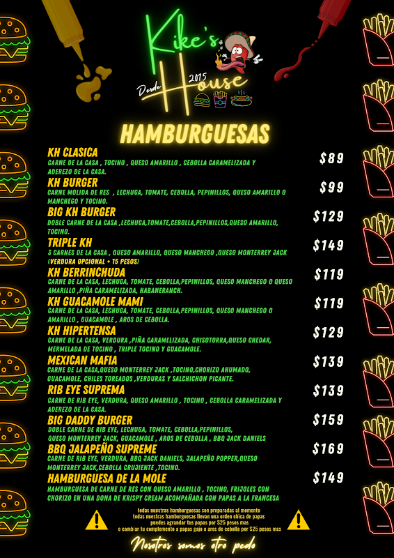KIKE'S HOUSE — foto de una hamburguesa jugosa con queso cheddar y papas crujientes, mostrada en la barra nocturna