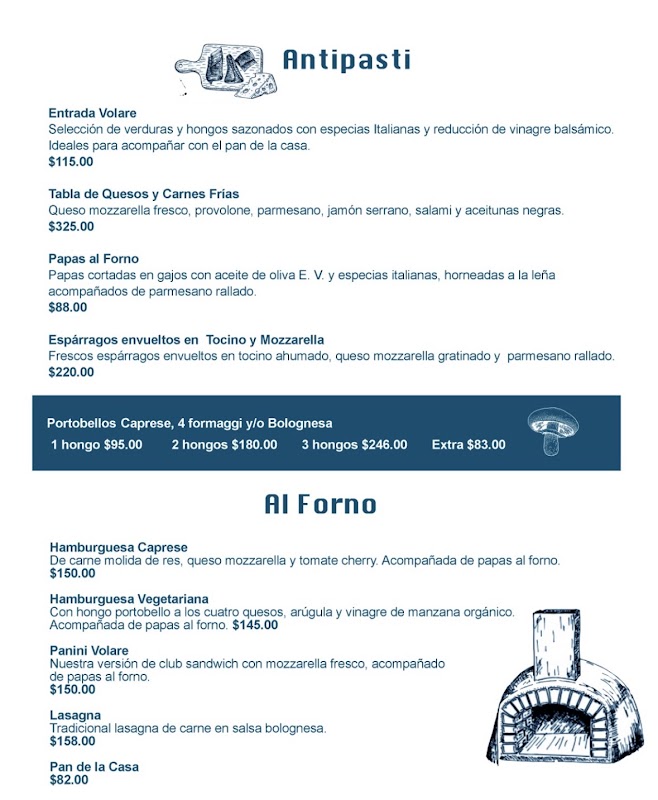 Volare Pizzería y Restaurante — fachada iluminada en la calle Revolución, con una pizza de camarones recién salida del horno