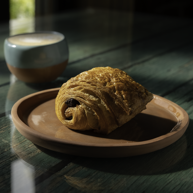 Croissant de almendra y café latte en el patio de Ruba's Bakery & Bistro — luz natural