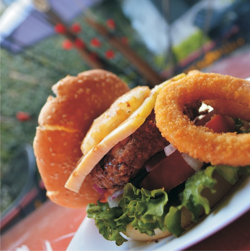 Hamburguesa de Pepinillo's con cebolla caramelizada, servida con papas fritas y una vista de la terraza
