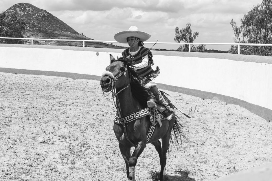 Traditional charro in action riding horse at San Juan Tizahuapan, Hidalgo, Mexico.