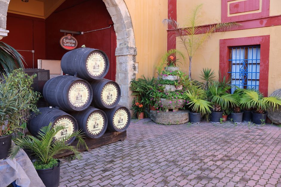 A rustic courtyard with stacked wine barrels and lush greenery in El Puerto de Santa María, Spain.