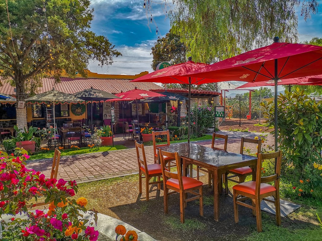Mayahuel Restaurante & Grill Teotihuacan interior con parrilla encendida y plato de mixiote