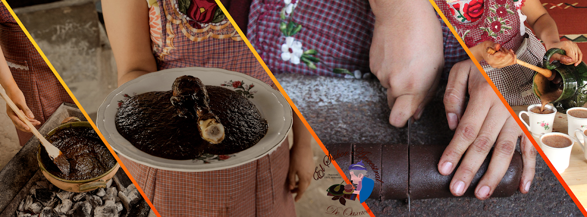 Mesa de degustación de chocolate artesanal con cacao en polvo en El Sabor Ancestral de Oaxaca — detalle de la barra de chocolate