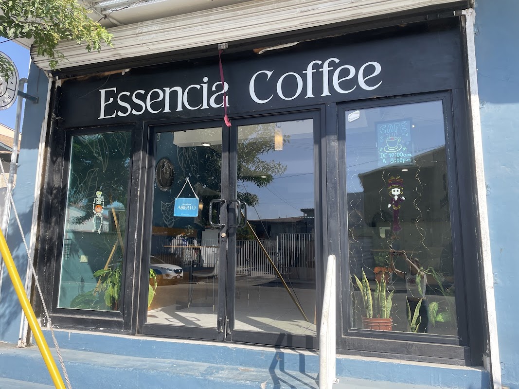Mostrador de ESSENCIA COFFEE con una taza de espresso, pastelería y la fachada del Blvd. Las Joyas — detalle de la barra y los vasos