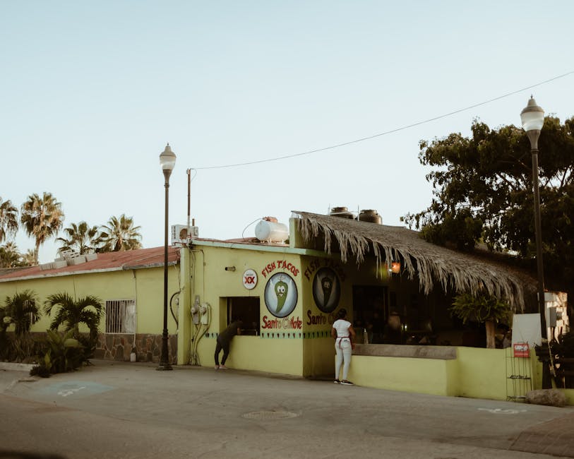 Sunny day at a traditional fish taco restaurant in Todos Santos, Mexico.